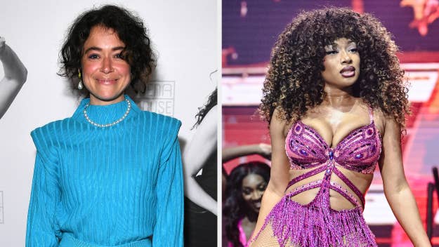 Tatiana Maslany wears a textured blue outfit, smiling at an event. Megan Thee Stallion performs on stage in a pink sequined bodysuit with fringe details