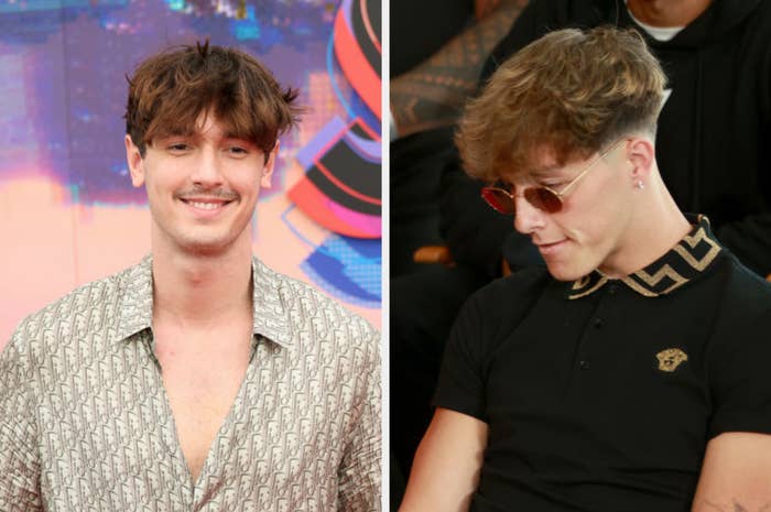 Two images of the same person in different outfits: on the left wearing a patterned shirt, on the right in a black polo shirt with a patterned collar, wearing sunglasses