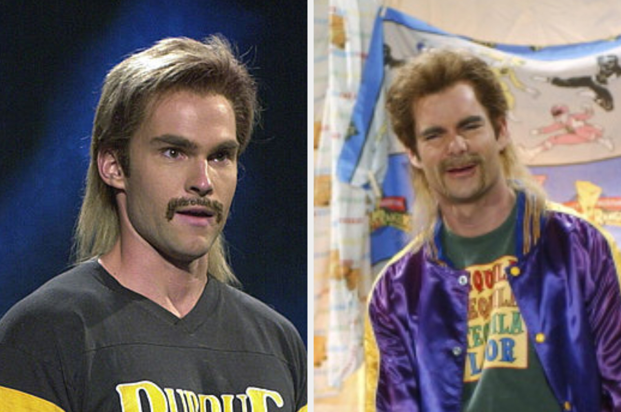 Two side-by-side images show Seann William Scott with a mullet and mustache, wearing a sports jersey on the left and a colorful jacket on the right