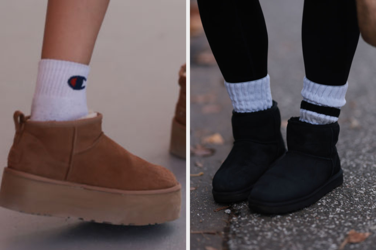 Close-up of two pairs of legs wearing short boots and socks. On the left, tan platform boots with white socks. On the right, dark non-platform boots with white socks