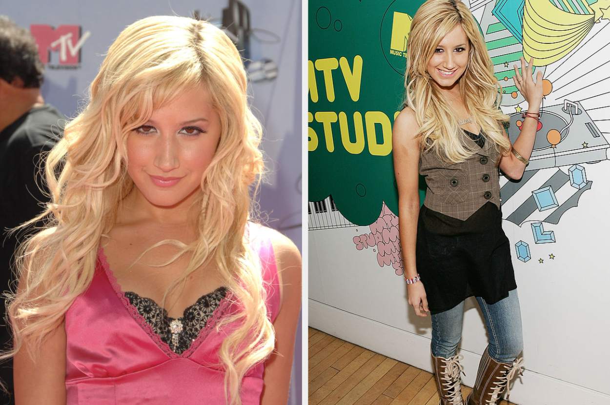 Ashley Tisdale in two side-by-side photos. Left: She wears a pink camisole with lace detailing. Right: She wears jeans, a black top, and a beige vest, smiling and posing
