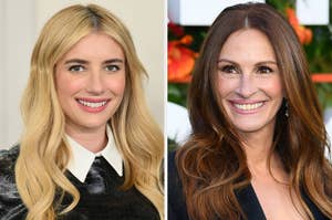 Emma Roberts and Julia Roberts smiling in side-by-side headshots. Emma wears a black leather dress with a white collar, and Julia wears a black outfit