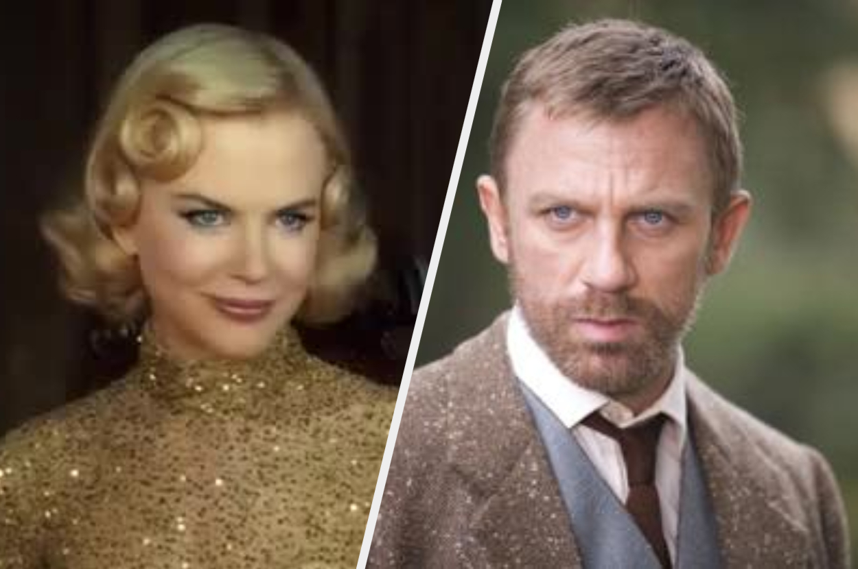 Nicole Kidman wearing a glittery high-neck dress and Daniel Craig in a suit and tie are pictured side by side