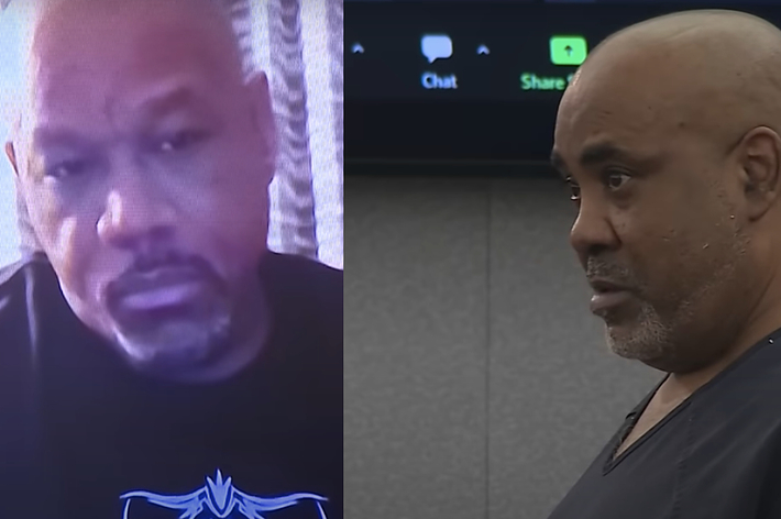Two images,one in a video call and one in a courtroom, wearing a dark shirt and dark scrub top, respectively