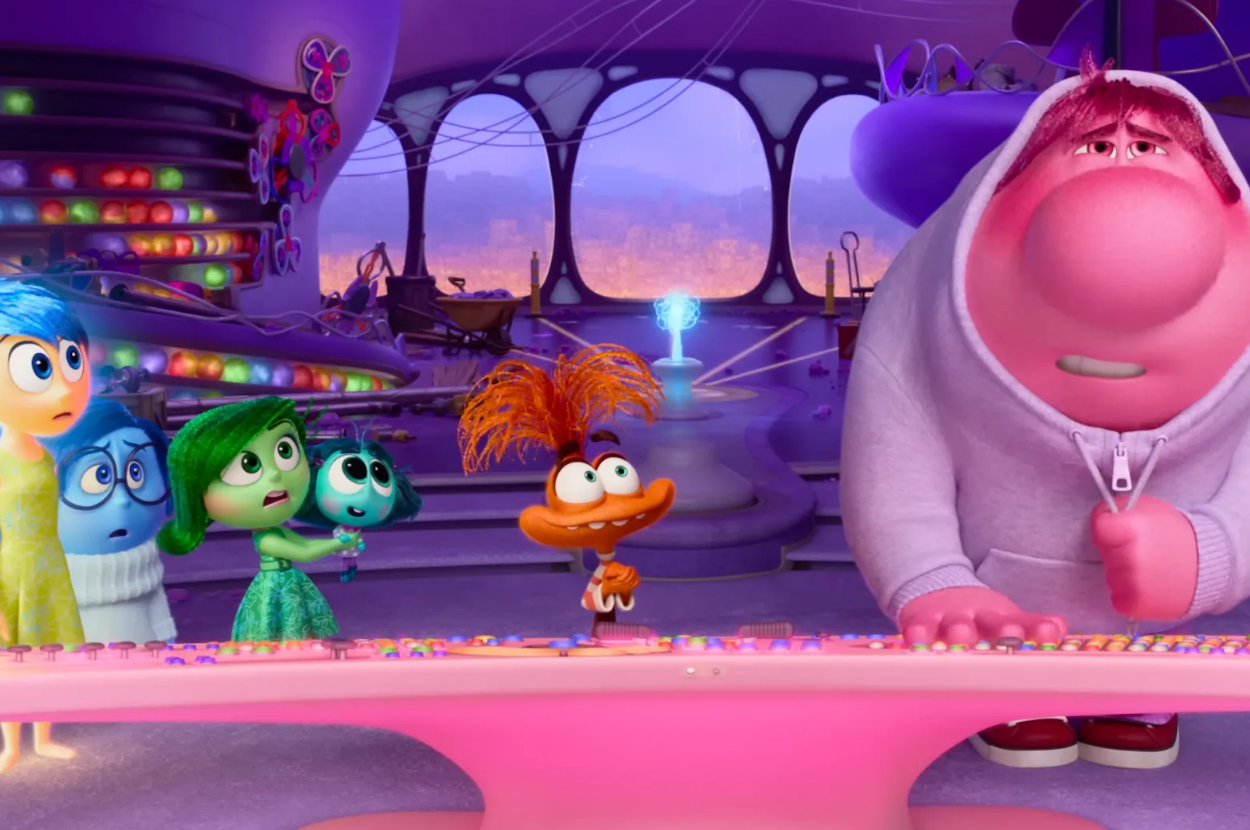 Joy, Sadness, Disgust, Fear, Bing Bong, and Anger from Inside Out interacting in the control room of Riley's mind