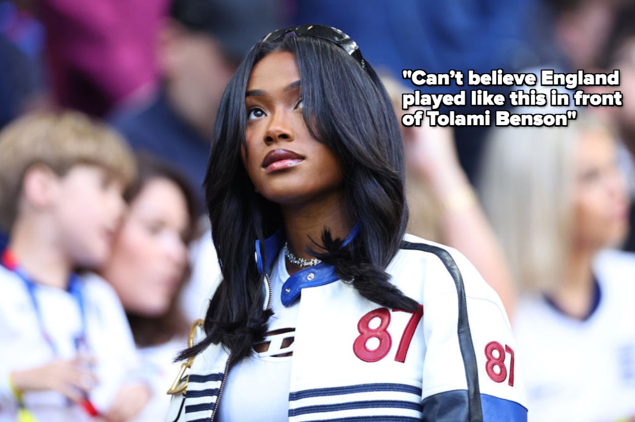 Tolami Benson, wearing a stylish jacket with the number 87, looks on at an event. Text in the image says, "Can't believe England played like this in front of Tolami Benson."