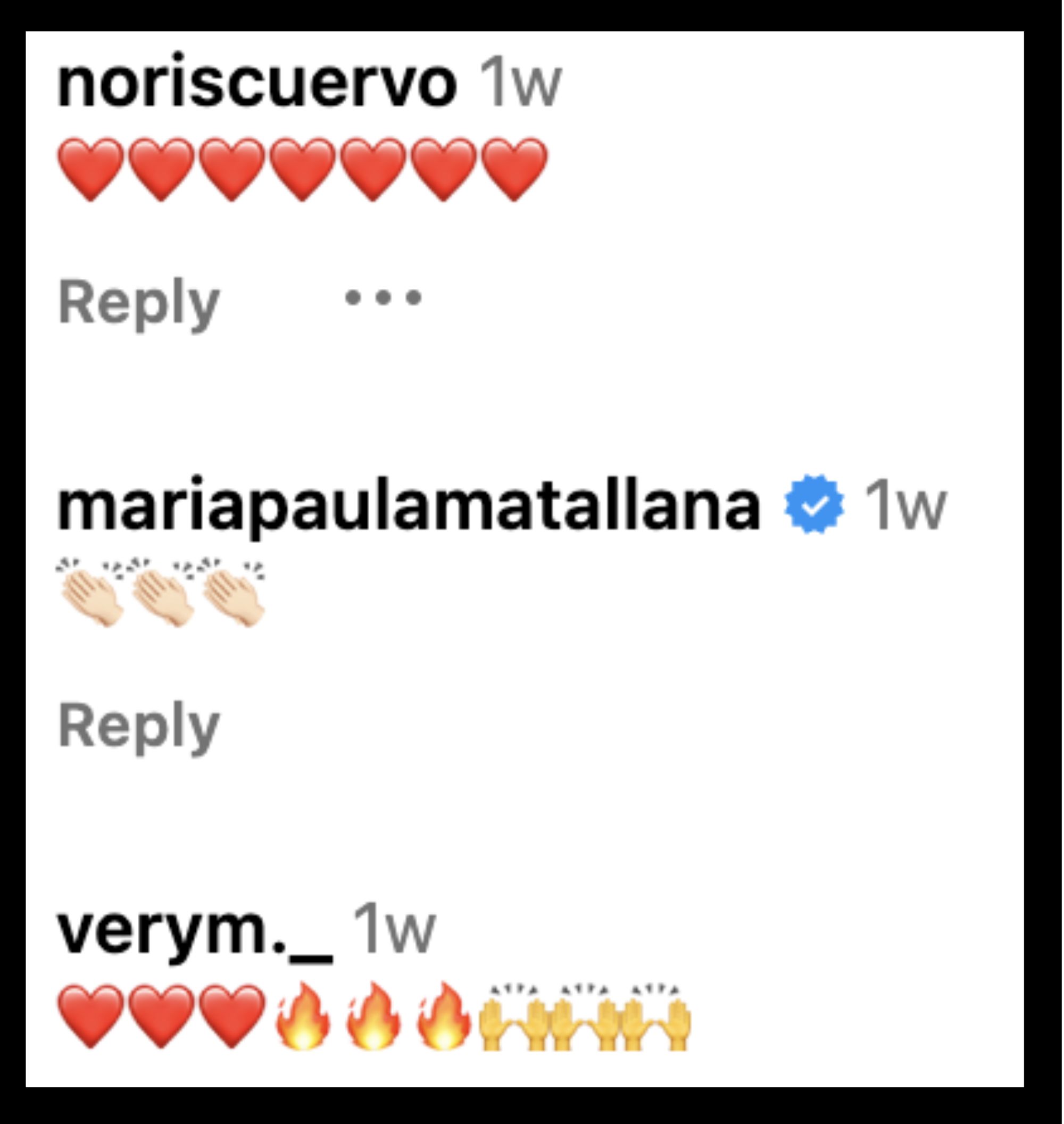 Comments with heart and clapping emojis from users noriscuervo, mariapaulamatallana, and verym._ on an Instagram post