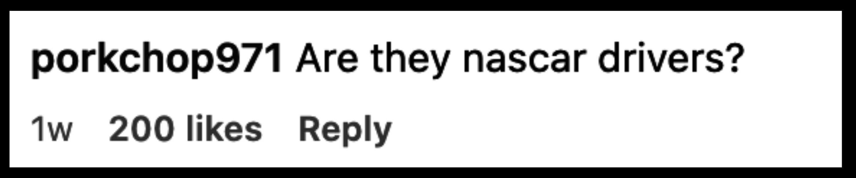 Screenshot of social media comments. porkchop971 asks, "Are they nascar drivers?" p_tye responds, "It's giving Ricky Bobby."