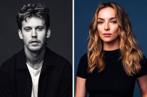 Austin Butler and Jodie Comer, both wearing casual outfits, are posed in separate portrait shots against simple backgrounds