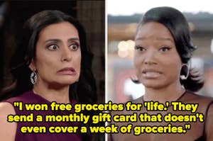 Left: Woman with surprised expression wearing earrings. Right: Woman talking. Text: "I won free groceries for 'life.' They send a monthly gift card that doesn't even cover a week of groceries."