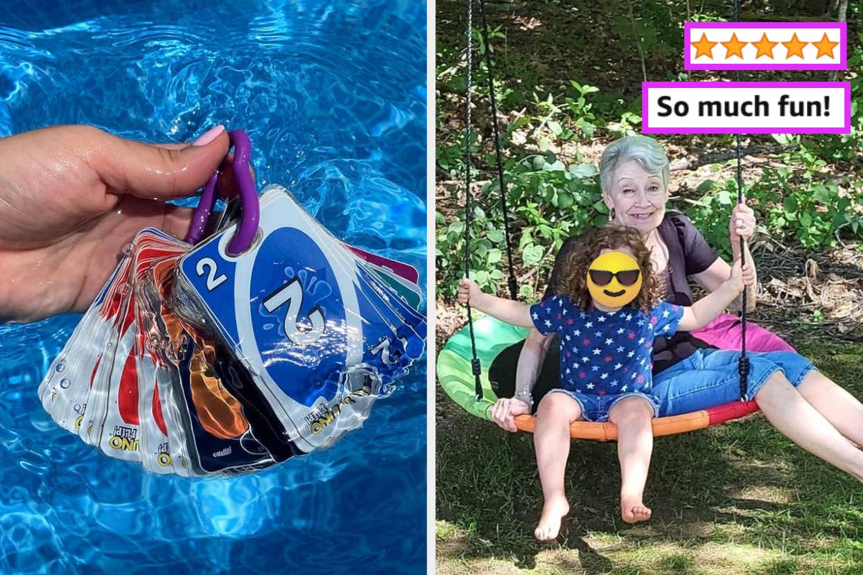 Left image of a hand holding waterproof UNO cards. Right image of an elderly reviewer and a child on a swing, with a 5-star review saying "So much fun!"