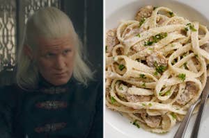On the left, Matt Smith as Daemon on House of the Dragon, and on the right, a plate of fettuccine Alfredo with mushrooms and parsley