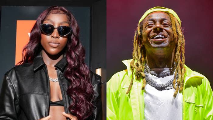Flo Milli in a leather jacket and sunglasses next to Lil Wayne in a neon jacket, smiling with visible grills