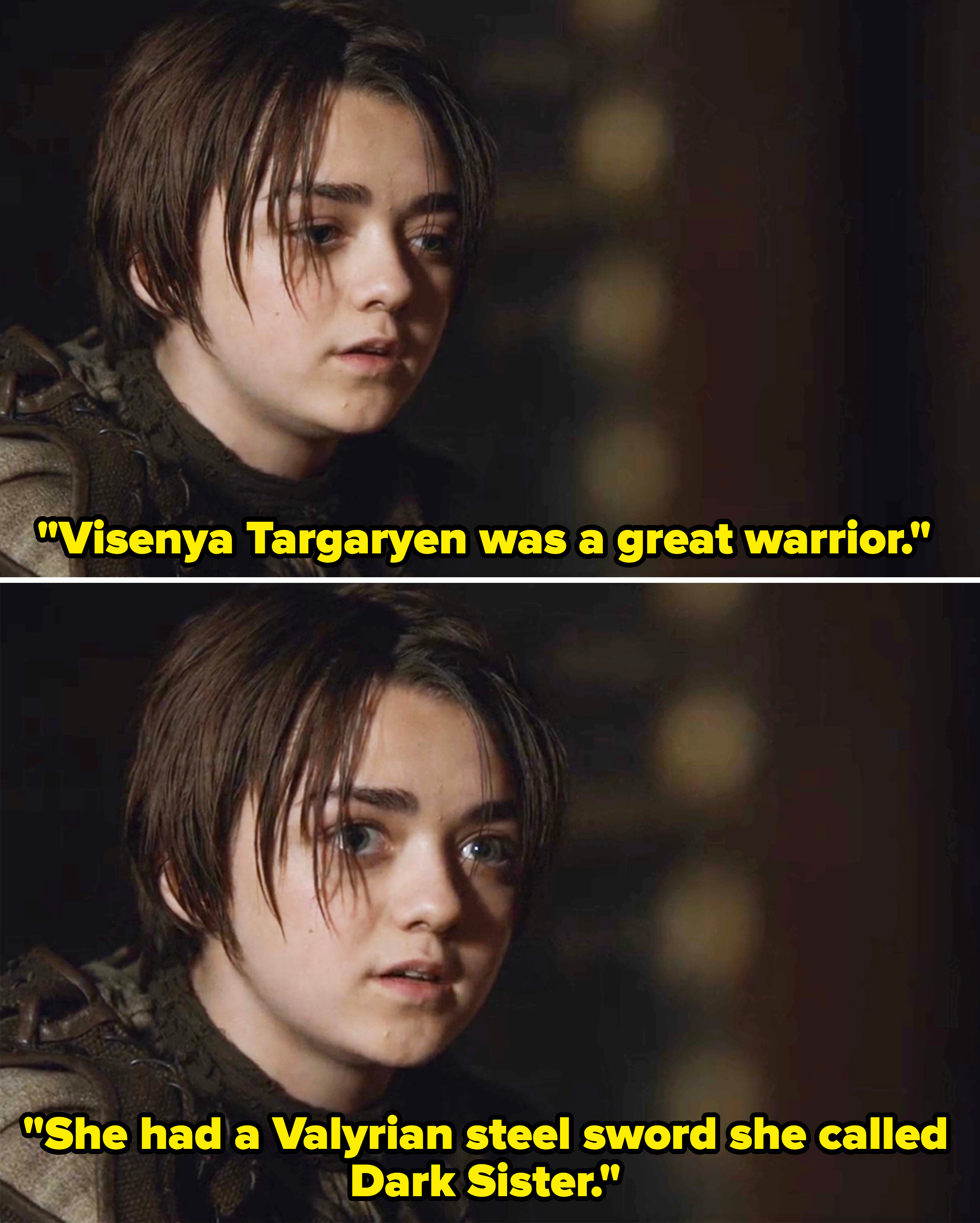 Two images of Maisie Williams as Arya Stark from the TV show Game of Thrones, showing her with short hair and a serious expression