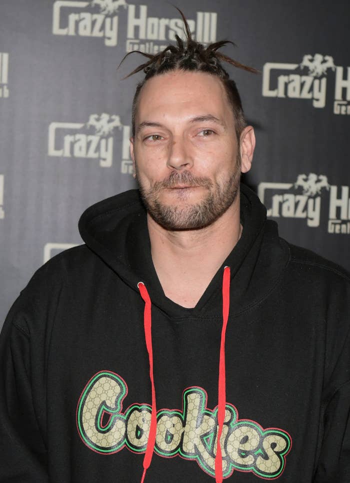 Kevin Federline at a Crazy Horse III event, wearing a hoodie with the word "Cookies" printed on the front