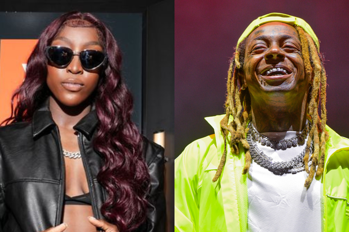 Tiwa Savage in a black leather jacket and sunglasses, alongside Lil Wayne wearing a bright yellow jacket and jewelry on stage