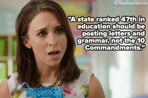 Lacey Chabert with a surprised expression. Text reads: "A state ranked 47th in education should be posting letters and grammar, not the 10 Commandments."