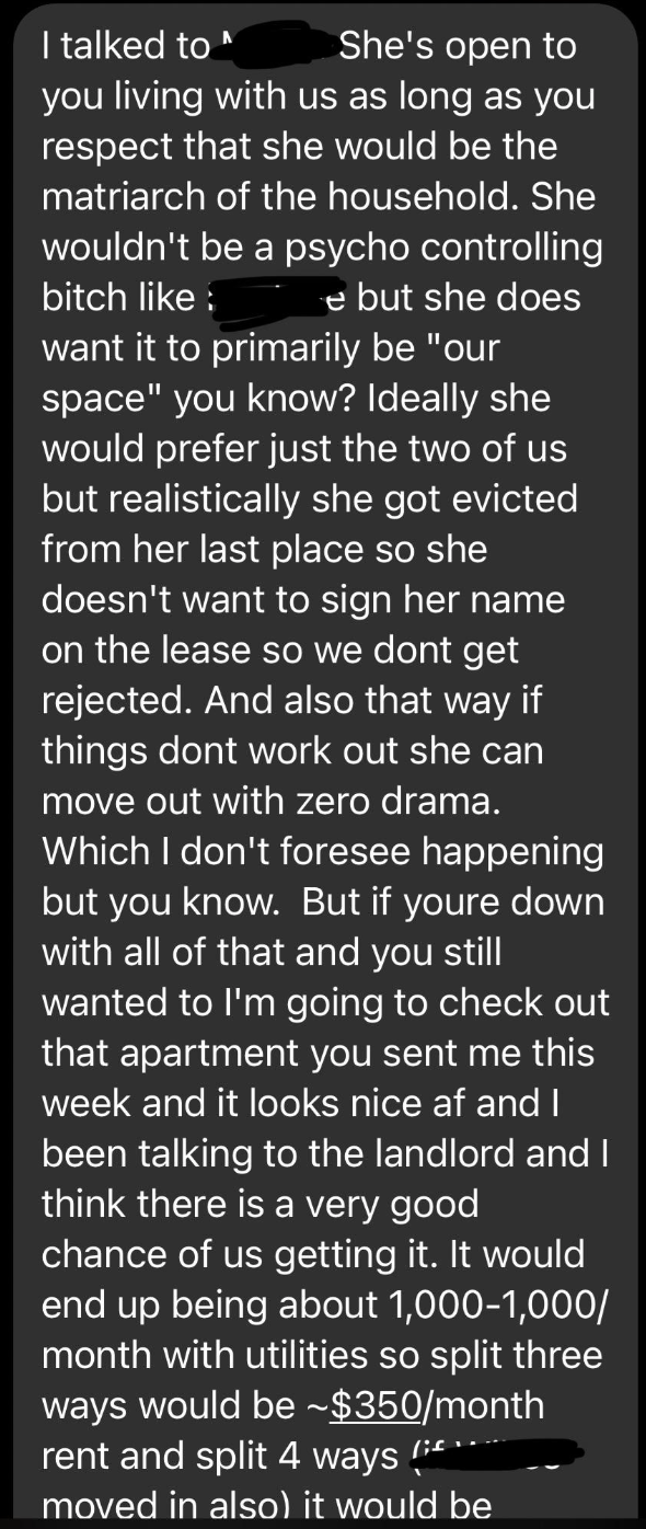 Text message discussing living arrangements, rent costs, and concerns about someone potentially not signing a lease and eviction risks if things don't work out