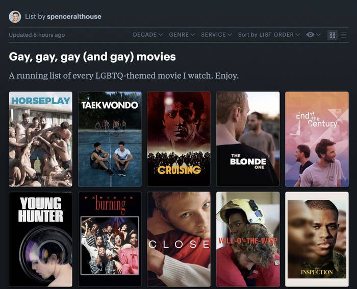 Screenshot of a Letterboxd database by Spencer Althouse titled "Gay, gay, cheery (and gay) movies," featuring LGBTQ-themed movie posters