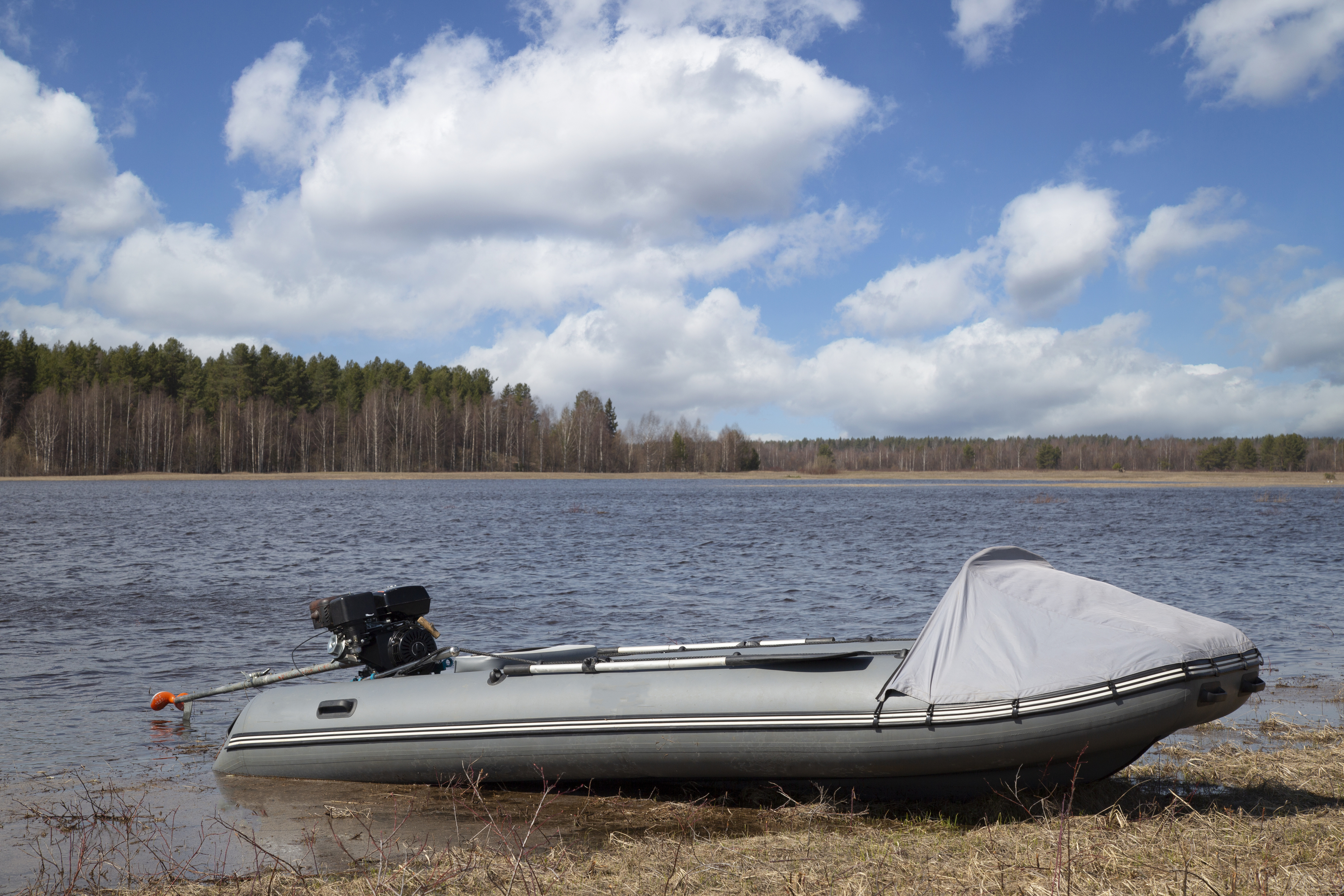 A small inflatable boat with an outboard motor is docked on the grassy shore of a calm body of water, with trees and a partly cloudy sky in the background