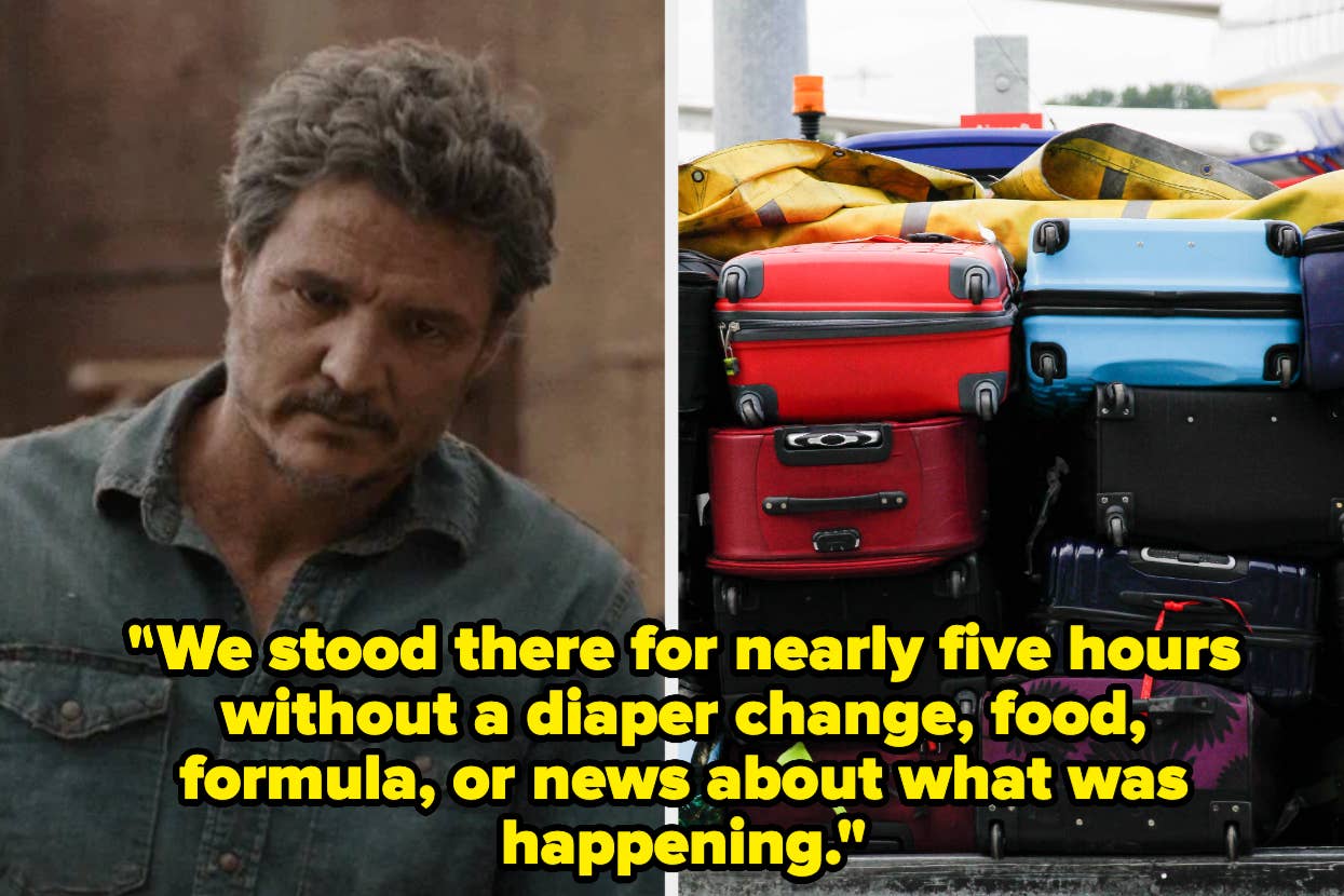 Pedro Pascal appears concerned on left; on right, colorful suitcases are stacked. Bold text reads: "We stood there for nearly five hours without a diaper change, food, formula, or news about what was happening."