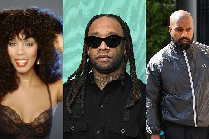 Donna Summer in a lace top, Ty Dolla Sign in a black shirt and sunglasses, Kanye West in a grey jacket