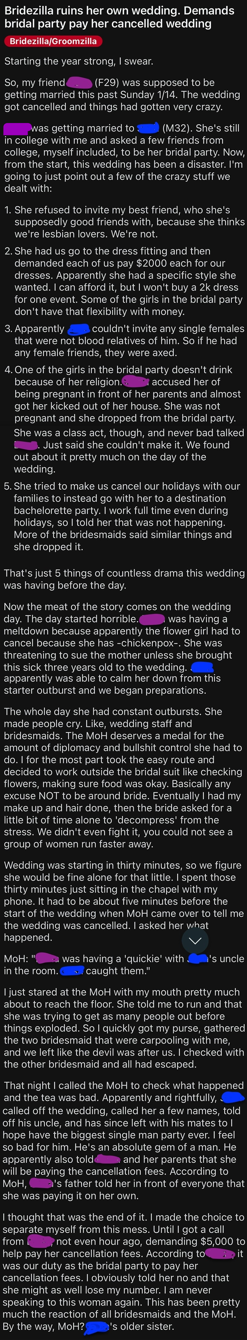 Text summary: The image describes a drama-filled wedding day, featuring a bride who fights with her ex-boyfriend, a bridesmaid who invites unwanted guests, a groom's uncle who reveals infidelities, guests stealing alcohol, and other chaotic events