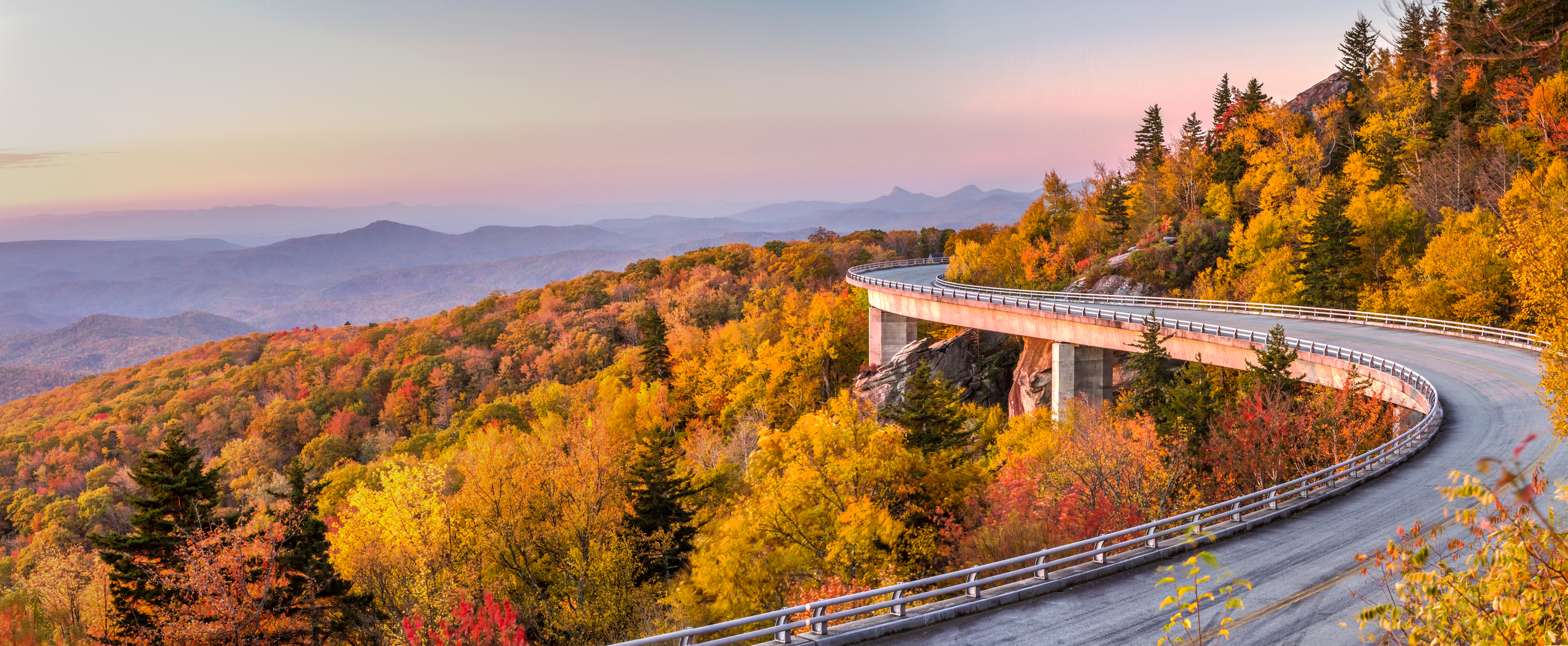 A scenic view of the Blue Ridge Parkway with a winding road elevated over a lush, expansive forest during autumn with mountains in the background