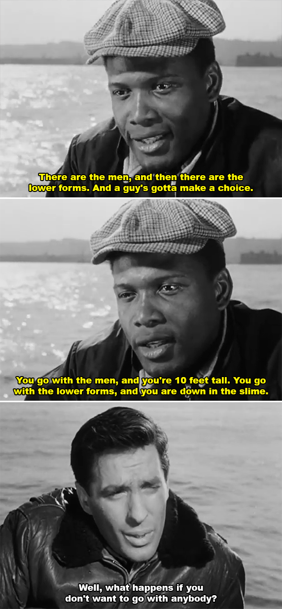 Sidney Poitier and John Cassavetes talking on a dock in the movie