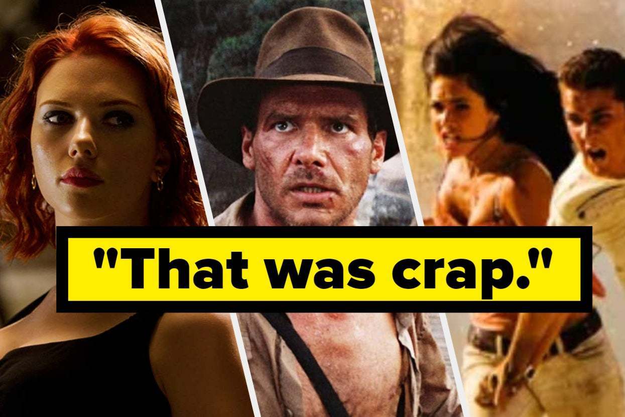 Image showing Scarlett Johansson as Black Widow, Harrison Ford as Indiana Jones, and a scene from Fast & Furious with a quote in bold: "That was crap."