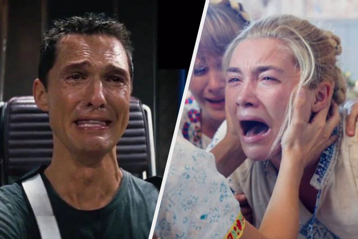 Matthew McConaughey crying in a scene from "Interstellar"; Florence Pugh crying, wearing floral clothing, in a scene from "Midsommar"