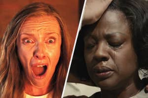 Toni Collette is seen screaming on the left, while Viola Davis appears to be crying on the right