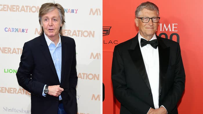 Paul McCartney in a casual black suit jacket and blue shirt, and Bill Gates in a formal black tuxedo with a bow tie, pose for photos at different events