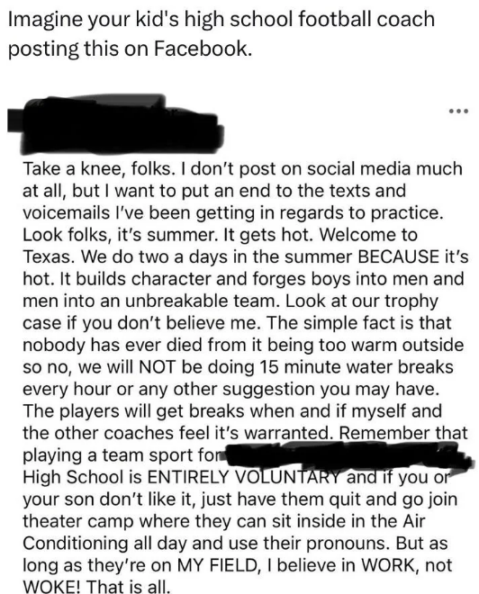 Screenshot of a Facebook post by a high school football coach addressing the commitment and values they expect from their players regarding practice and social media use