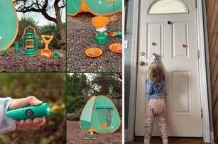 Collage showing a camping play set with kid's lantern, stove, and tent outdoors. On the right, a child reaches for door knobs