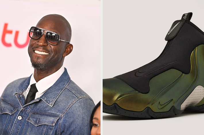 Kevin Garnett, in a denim jacket and black tie, smiles at a red carpet event. Beside him is a close-up of a Nike sneaker