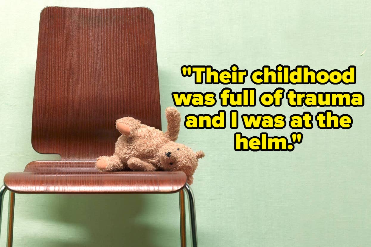 A wooden chair with a plush teddy bear lying on it. The image includes the text: "Their childhood was full of trauma and I was at the helm."