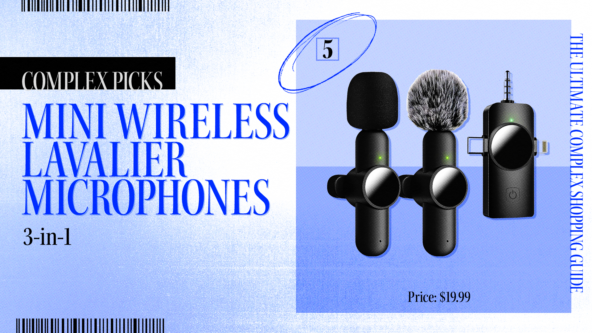 Ad for a 3-in-1 mini wireless lavalier microphone set, priced at $19.99. It is featured as a top pick in &quot;The Ultimate Complex Shopping Guide&quot;