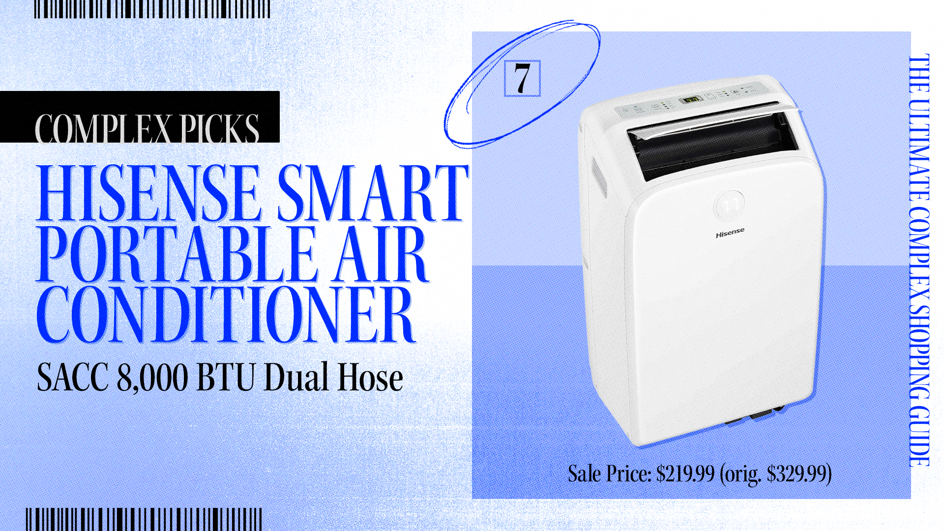 Ad for Hisense Smart Portable Air Conditioner with 8,000 BTU Dual Hose. Sale Price: $219.99, originally $329.99