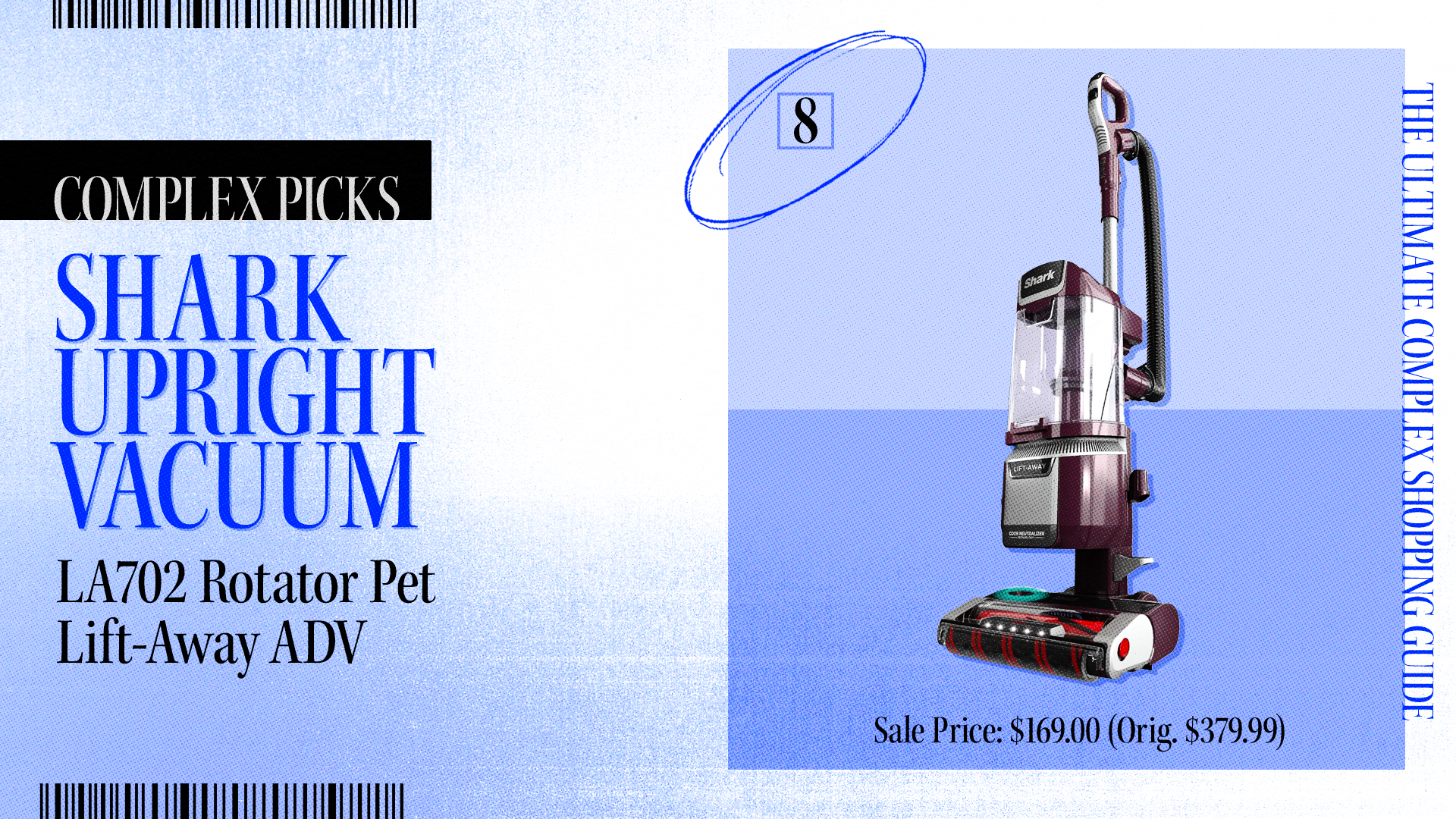 Advertisement for a Shark Upright Vacuum LA702 Rotator Pet Lift-Away ADV, listing a sale price of $169.00, originally $379.99. Part of a shopping guide