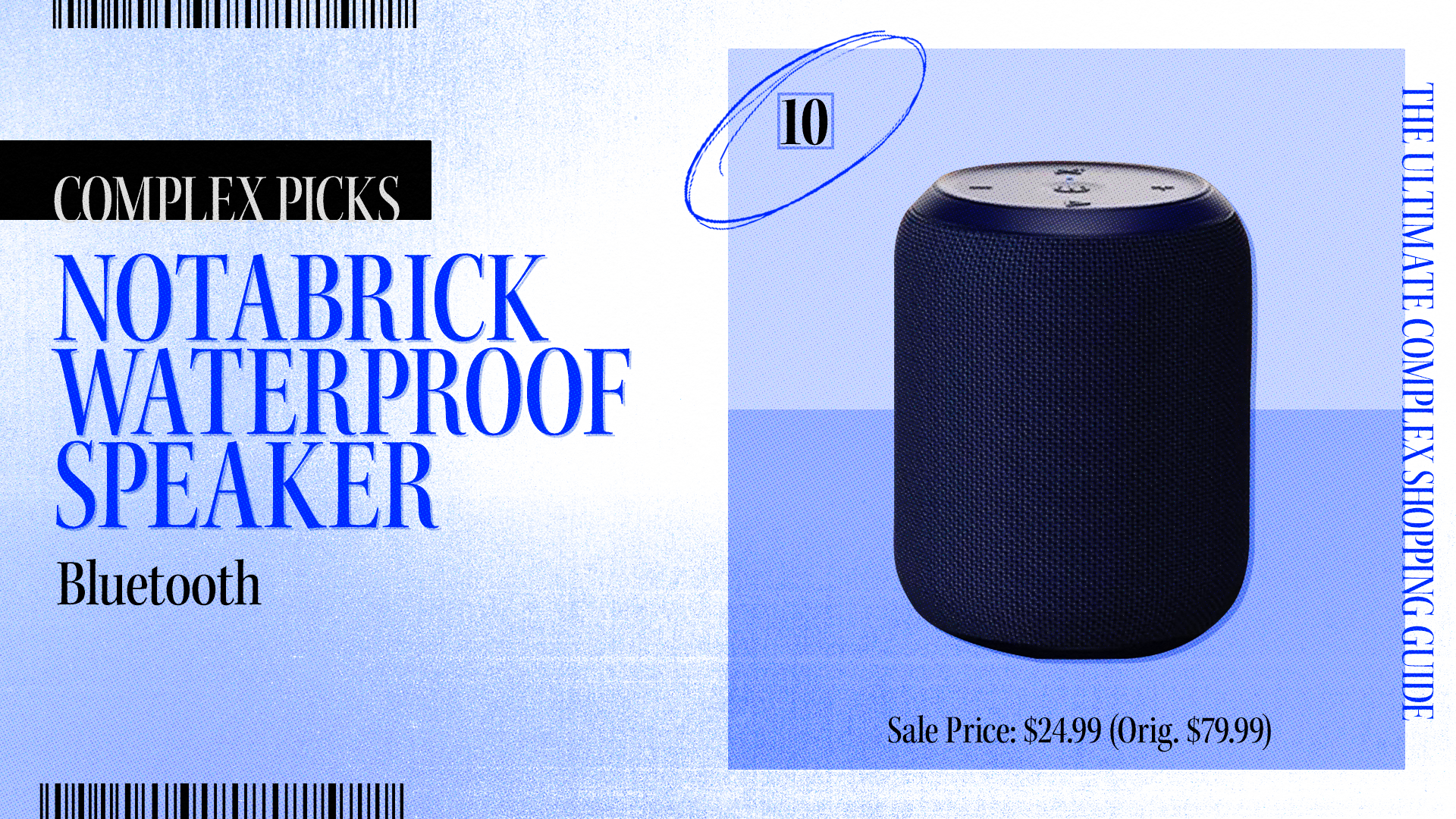 Image of the Ultimate Complex Shopping Guide featuring a Notabrick waterproof Bluetooth speaker. It is listed as a top pick and on sale for $24.99 (originally $79.99)