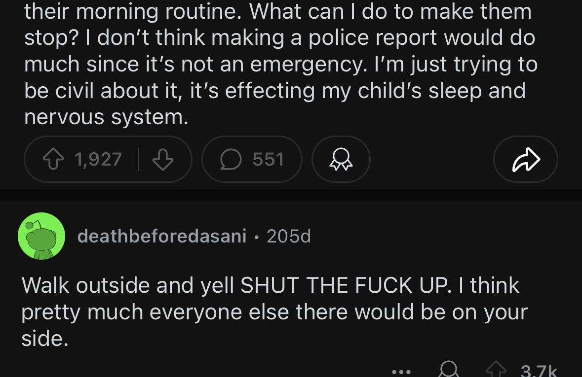 Reddit post from r/mildlyinfuriating shared by u/Cicastillo29 about a neighbor honking early. Comments by deathbeforefedsanai, Proclasis_little_man, and MooPig48 discussed solutions humorously