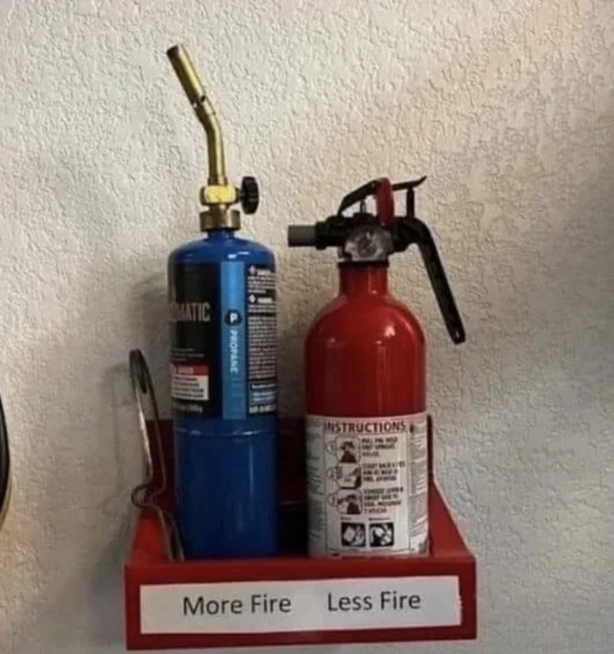 Two fire extinguishers labeled &quot;More Fire&quot; and &quot;Less Fire&quot; indicate which tool creates fire and which one puts it out