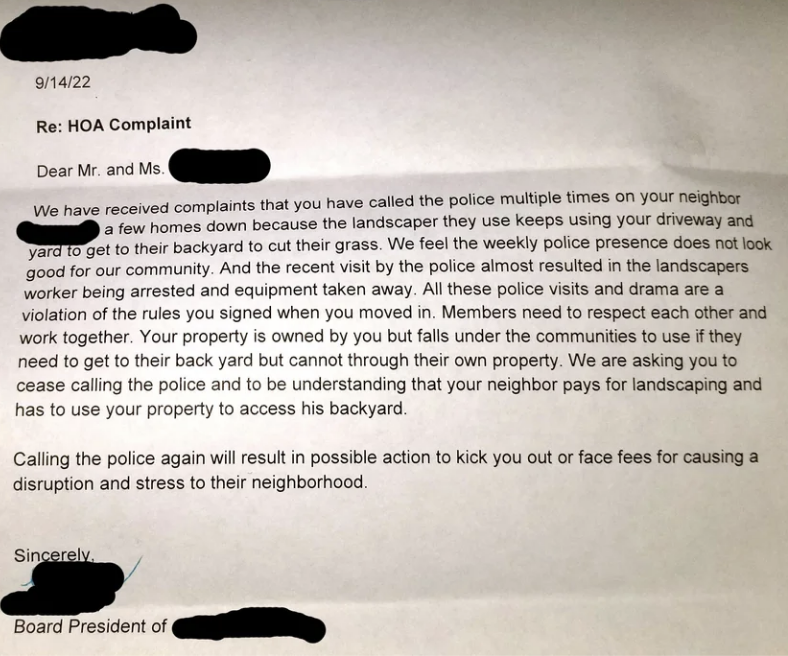 Letter titled &quot;Re: HOA Complaint&quot; dated 9/14/22 about ongoing disputes involving police reports with neighbors, landscaping, and yard use