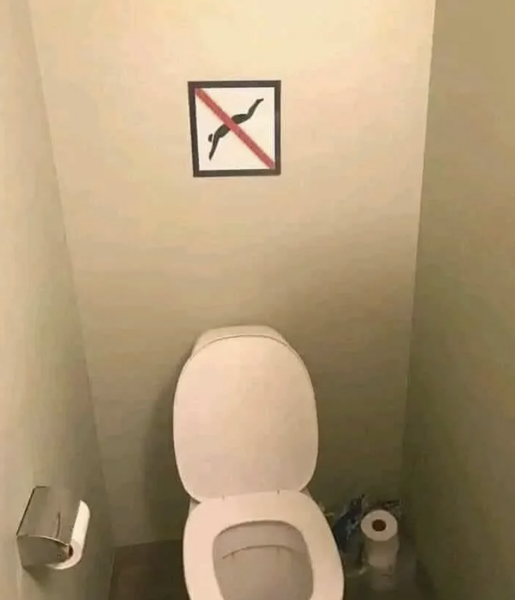 A toilet is seen with a humorous sign above it depicting a mustache crossed out, indicating &#x27;no mustaches allowed.&#x27;