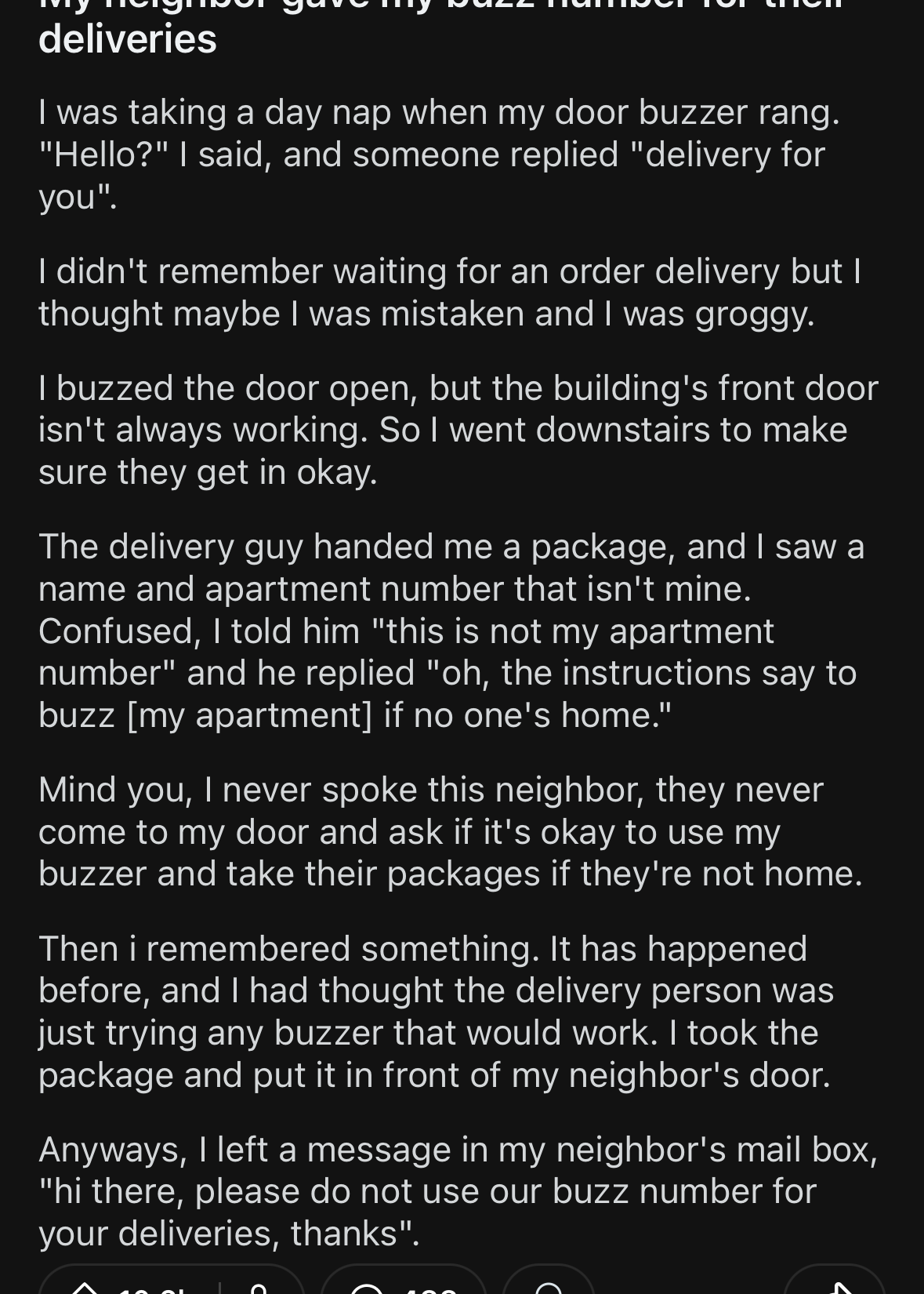 Reddit post by u/nerenthere12: User shares an infuriating story about their neighbor giving out their buzzer number for deliveries, resulting in confusion and inconvenience