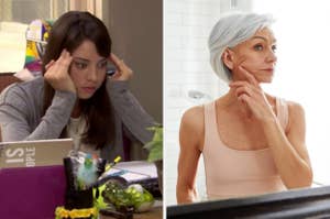 A young woman sits at a cluttered desk, touching her temples, and an older woman in a sleeveless top looks in the mirror, touching her face