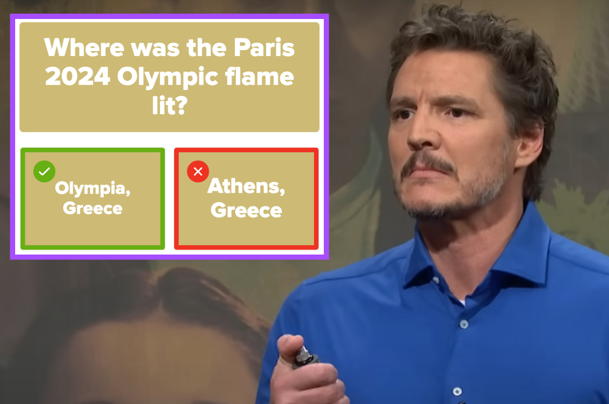 Pedro Pascal looks pensive beside a screenshot of the question where was the Paris 2024 Olympic flame lit with Athens incorrectly selected as the answer