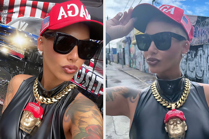 Amber Rose wearing a red "AGA" cap, large sunglasses, black top, and a large gold chain necklace with a red cap pendant in front of a mural and a car