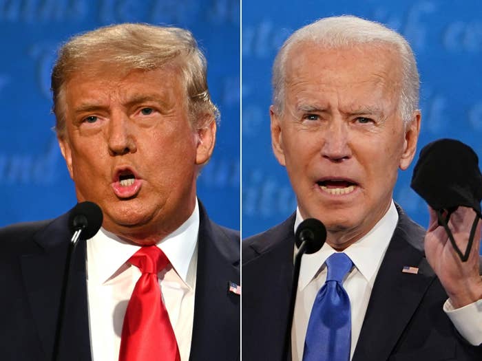 Donald Trump dan Joe Biden berbicara melalui mikrofon saat debat